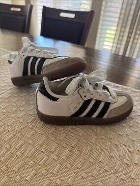 adidas Kids White Sneakers with Black Stripes and Gum Sole